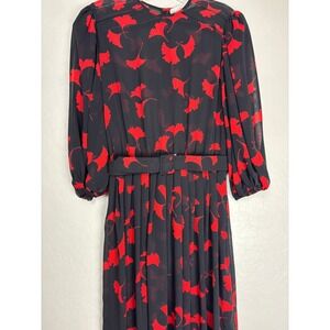 Nipon Boutique Black Red Ginkgo Leaf Sheer Chiffon Belted Midi Dress L 2296